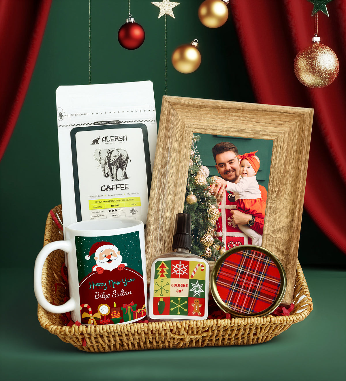 250gr Brazil Filtre Kahve & Dokulu Çerçeve & Kupa & 100 ml Pet Şişe Kolonya & Ekose Mum Hediye Seti