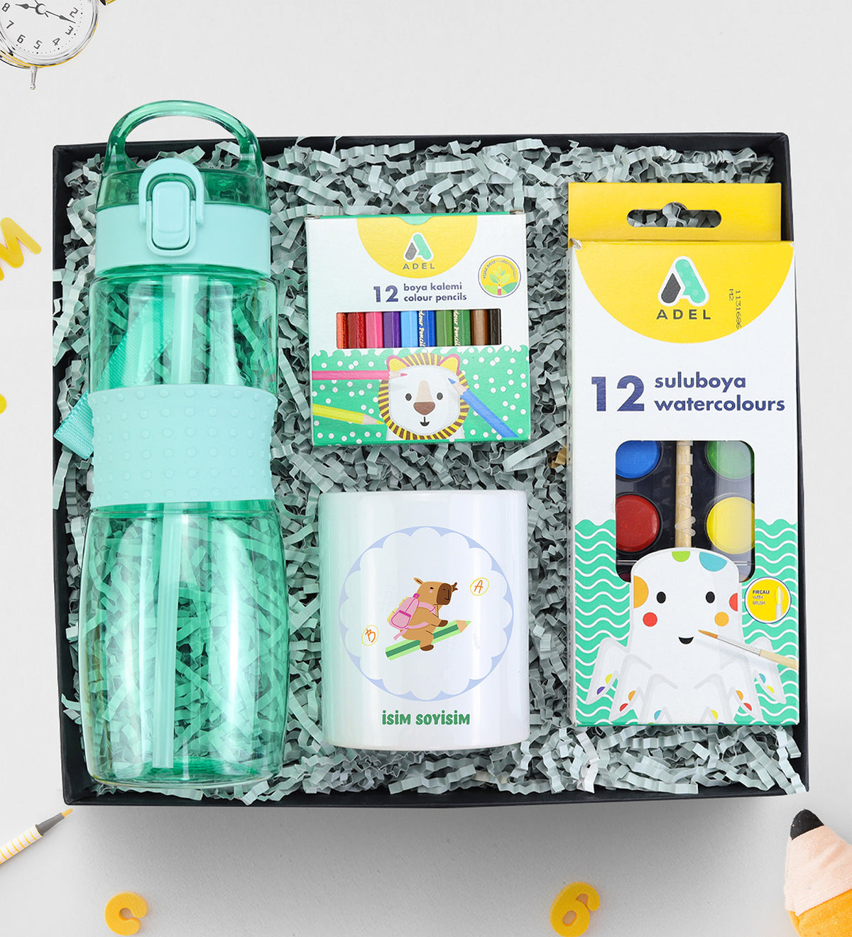 Pipetli Matara 750ml & Adel Sulu Boya & 12'li Boya Kalemi & Kalemlik Hediye Seti