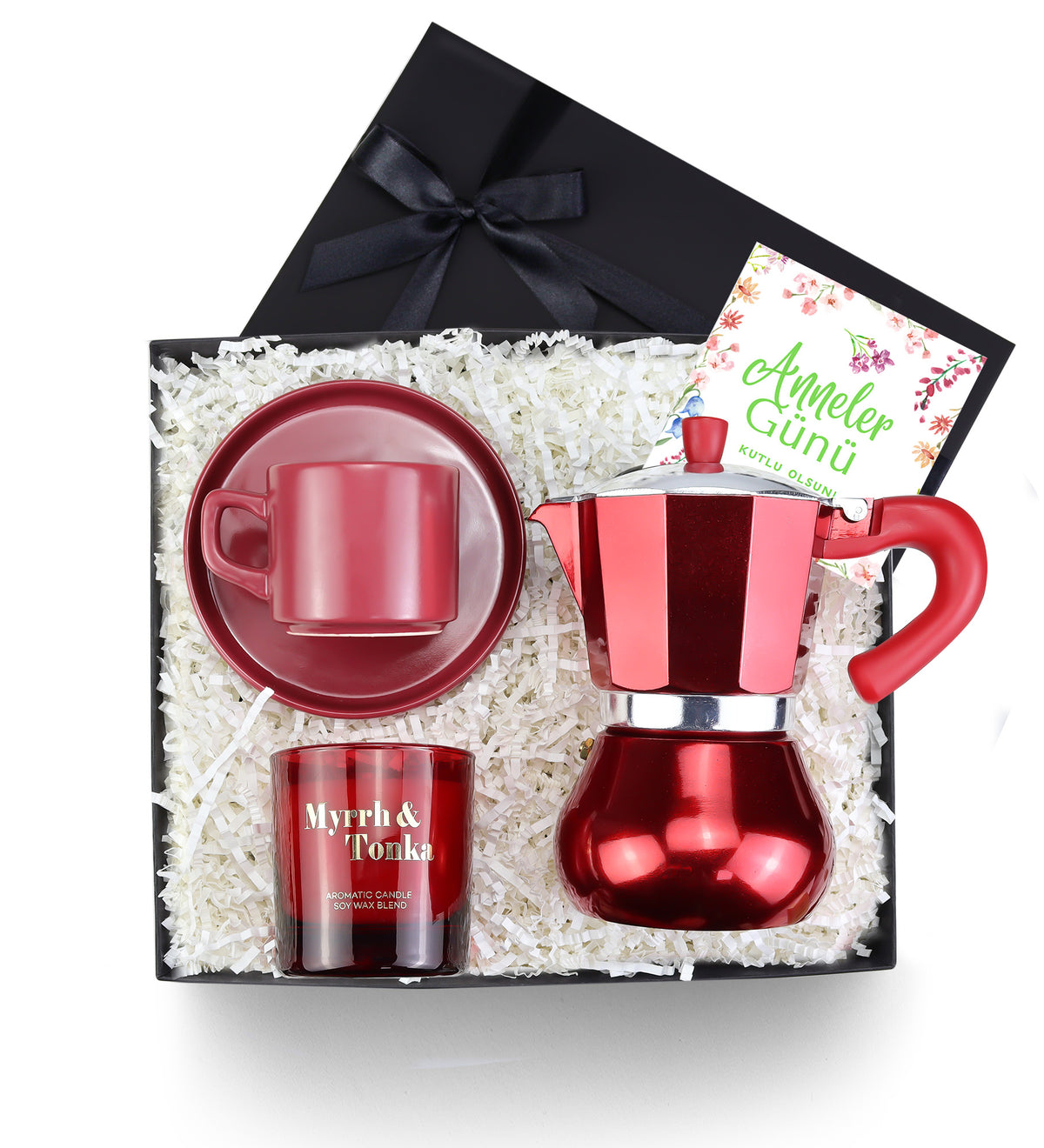 Kırmızı Fincan & Moka Pot Cezve & Mum Anneler Günü Hediye Seti