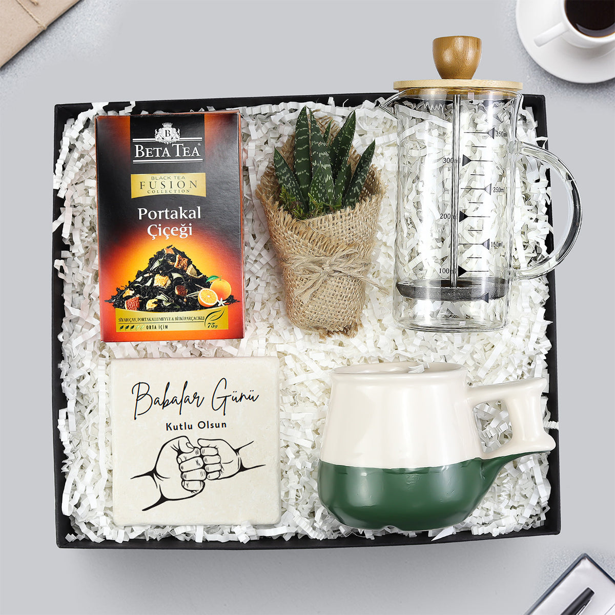 350ml Bambu Kapaklı French Press & Sukulent & Taş Bardak Altlığı & Beta Tea Portakal Çiçeği & Seramik Kupa