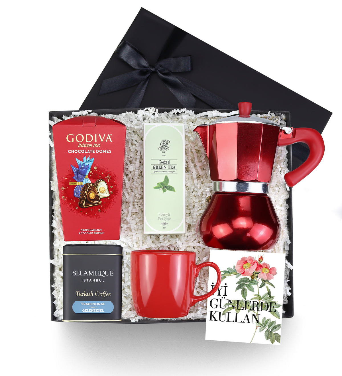 Moka Pot Cezve & Rebul Kolonya & Godiva Çikolata & Kupa & Selamlıque Türk Kahvesi Hediye Seti