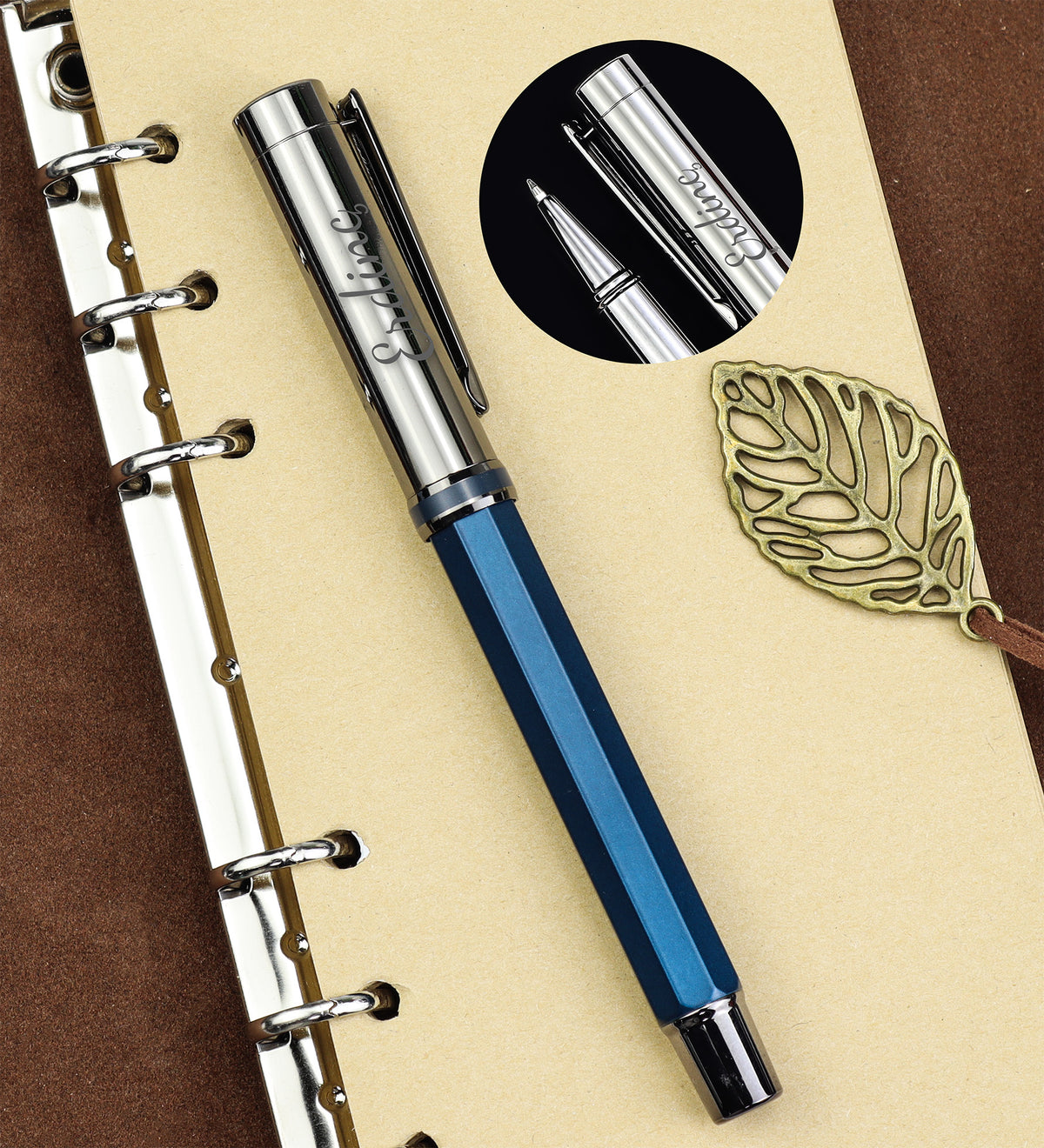 Esnek Kapak Lacivert Defter & Mavi Metal Roller Kalem & Selamlıque & Porselen Kupa Hediye Seti