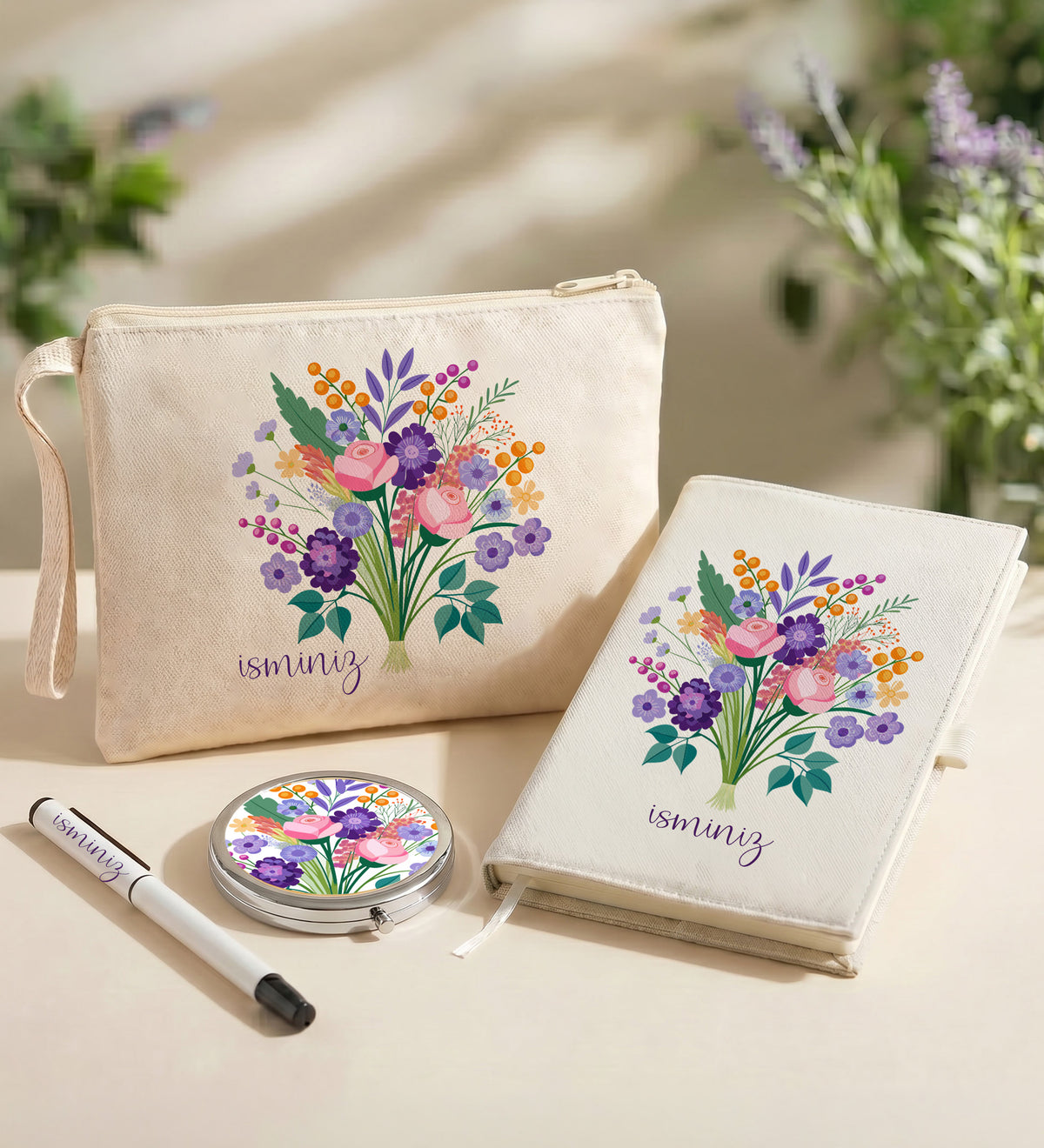 Kişiye Özel Canvas Defter Bez Çanta Ayna Kalem Kadına Hediye Seti