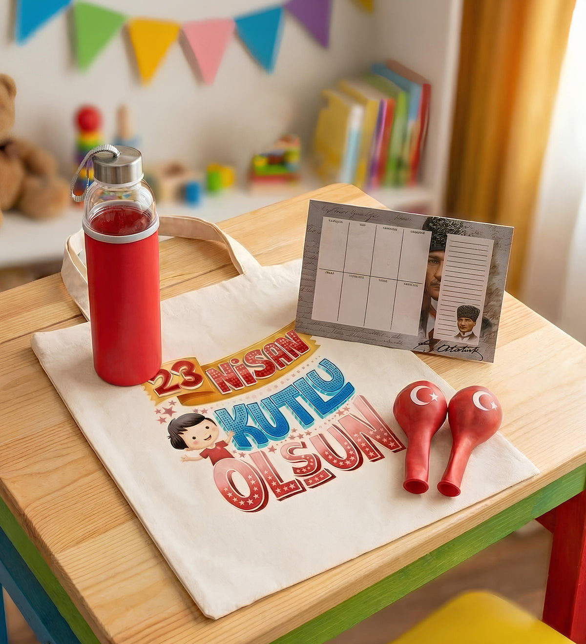 Haftalık Planner & Balon & Bez Çanta & Matara 23 Nisan Hediye Seti