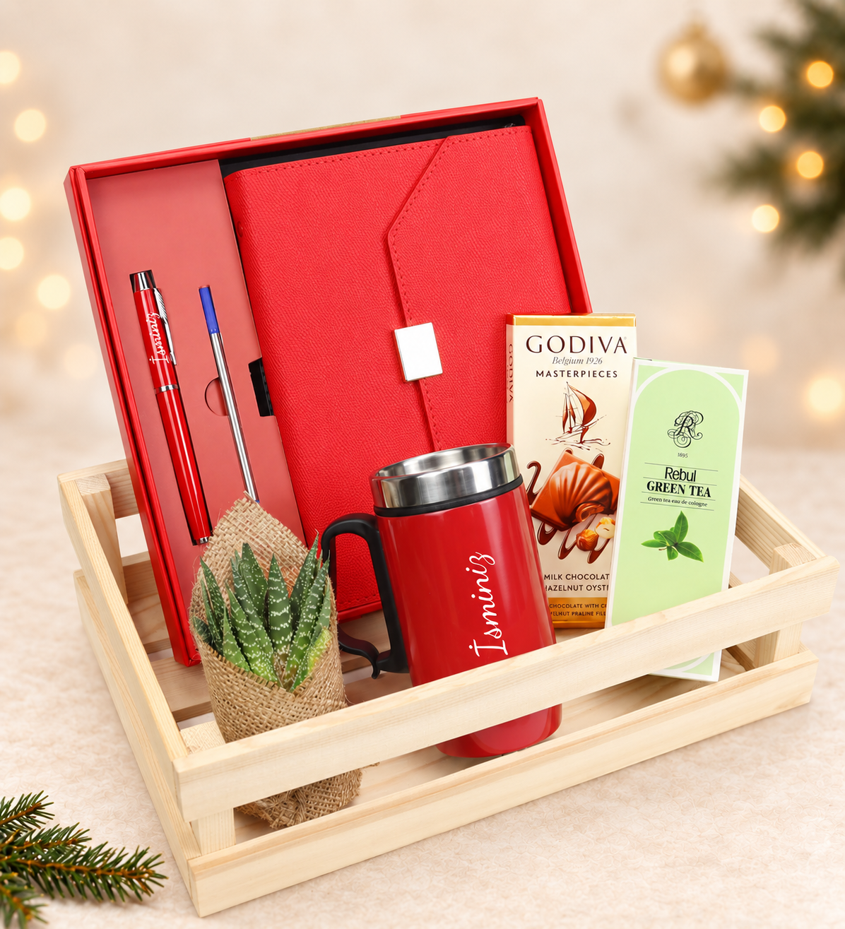 Özel Kasasında Kutulu Defter Kalem Seti & Kulplu Çelik Termos & Canlı Sukulent Çiçek & Godiva Çikolata & Rebul Kolonya Hediye Seti