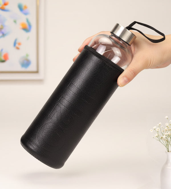 1000ML Deri Kılıflı Cam Matara Siyah