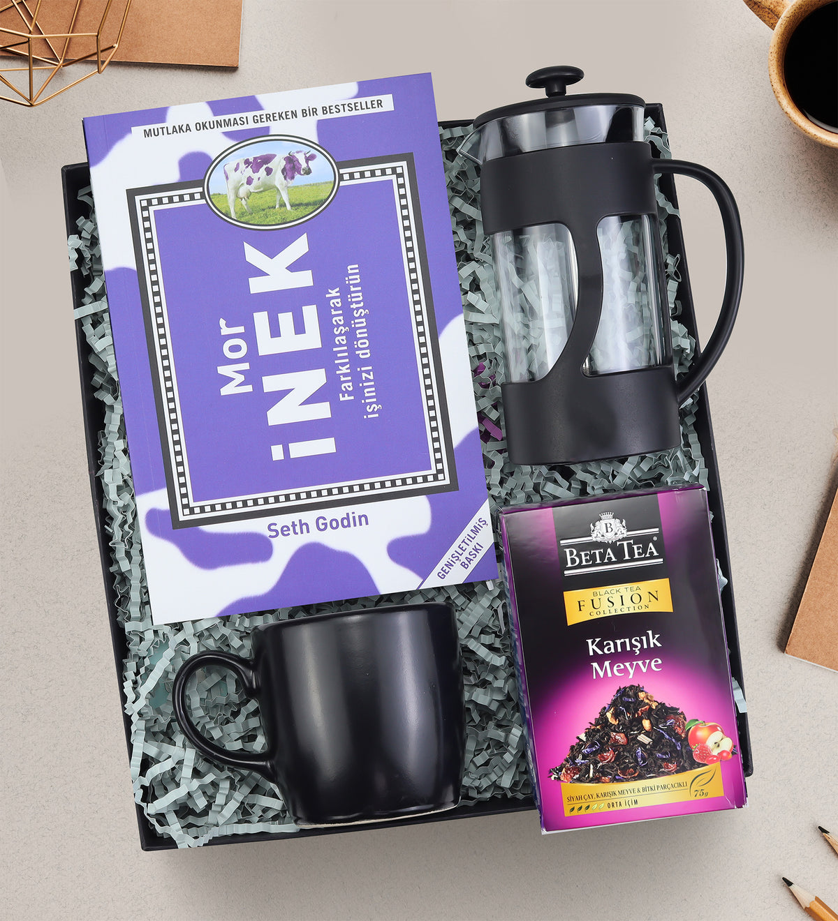 Mor İnek Kitabı & Beta Bitki Çayı & French Press & Kupa Kitap Severlere Hediye Seti