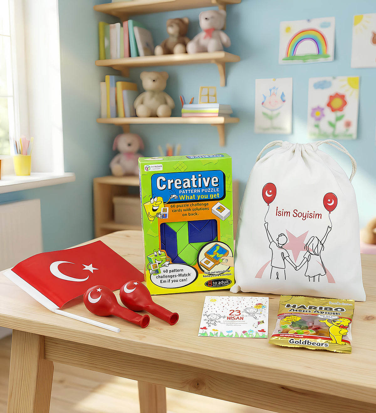 Creative Pattern Puzzle & Çanta & Bayrak & Haribo & 2'li Balon Hediye Seti