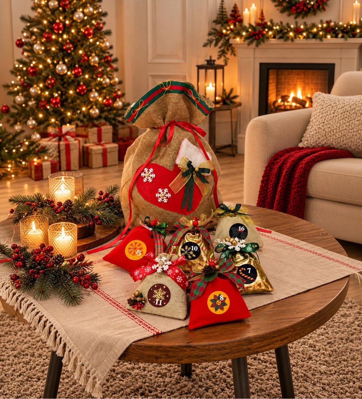 24 Dolu Keseli Yılbaşı Advent Calendar – Varış Takvimi – Büyük Heybeli Dekoratif Sürpriz Yılbaşı Kutlama Hediye Seti