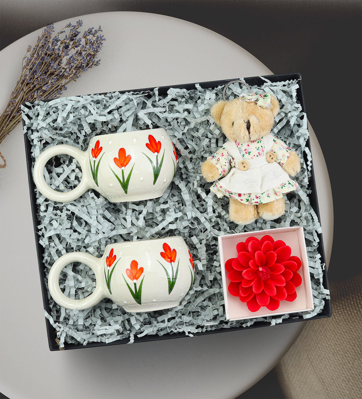 2'li El Yapımı Kupa & Lotus Mum & Ayıcık Anahtarlık Hediye Seti