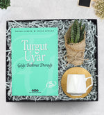 Kitap & Bambu Tabaklı Beyaz Porselen Fincan & Sukulent Çiçek Hediye Seti