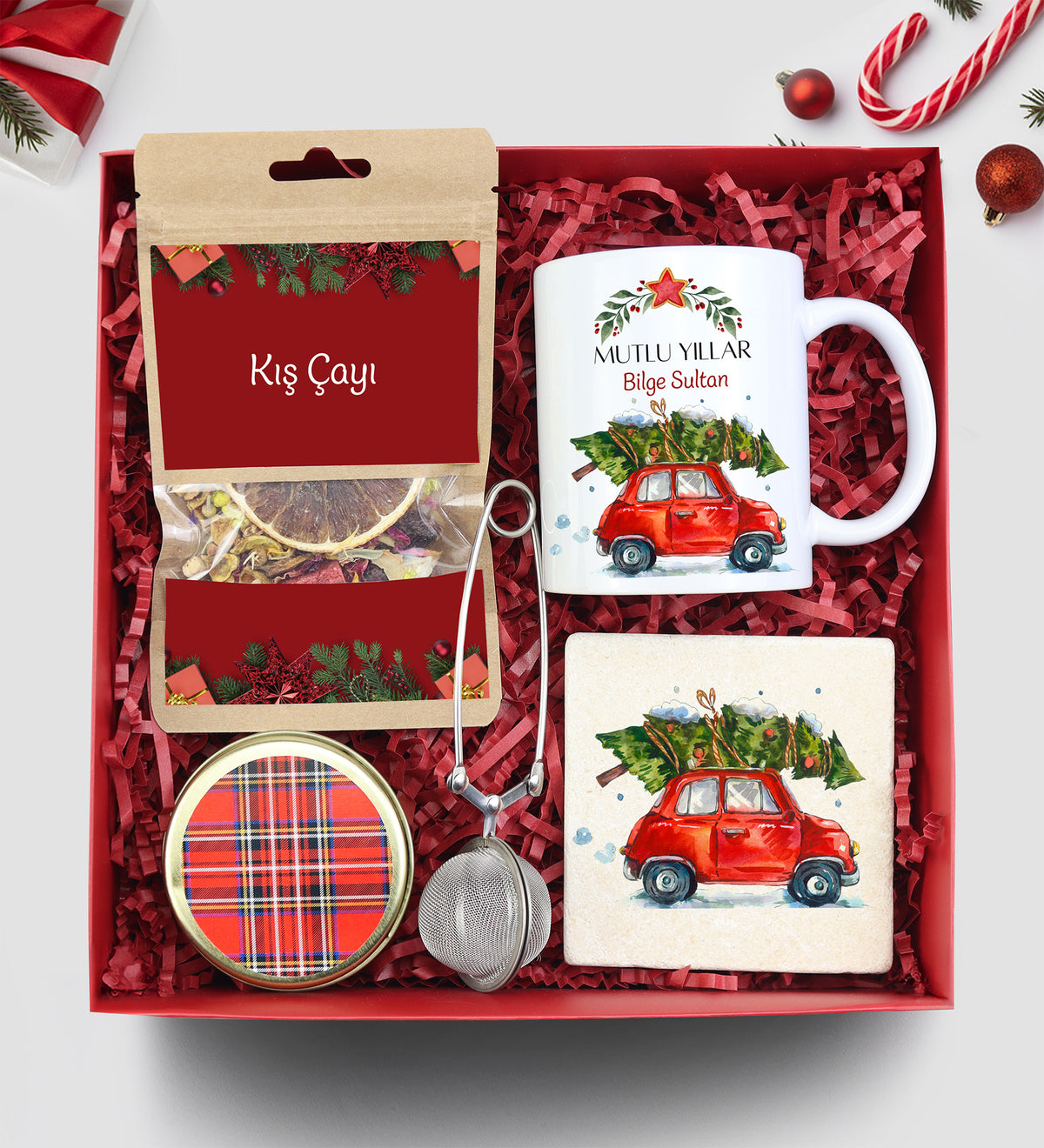 Yılbaşına Özel Kış Çayı & Demleme Aparatı & Kupa & Bardak Altlığı & Mum Hediye Seti