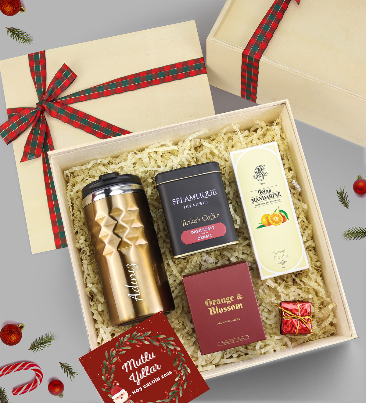 Ahşap Kutusunda Kristal Termos & Rebul Kolonya & Rakle Mum & Selamlıque Yılbaşı Hediye Seti