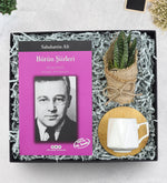 Kitap & Bambu Tabaklı Beyaz Porselen Fincan & Sukulent Çiçek Hediye Seti