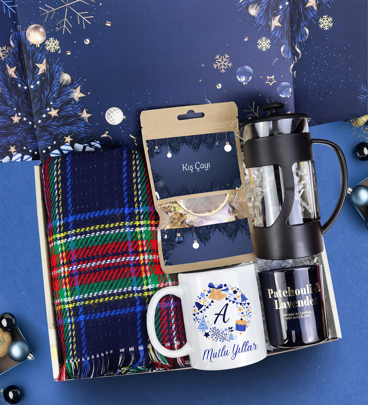 Kalın Şal & Kış Çayı & Kupa & French Press & Mum Yılbaşı Hediye Seti