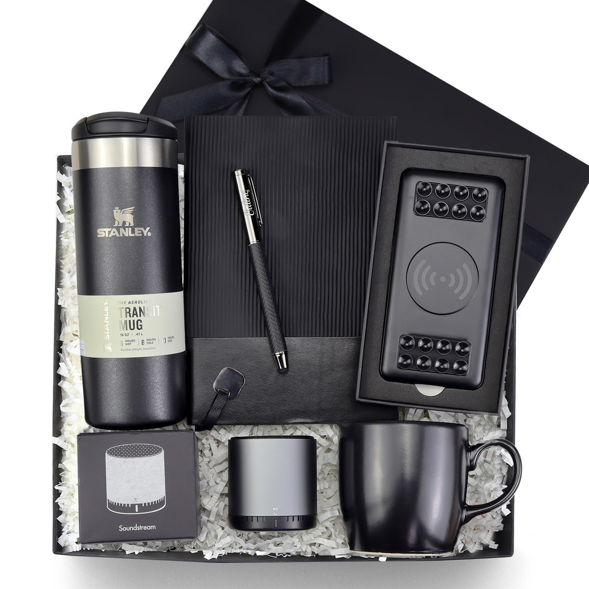 Stanley Termos & Esnek Kapak Siyah Defter & Siyah Metalik Touch Pen & Vakumlu Powerbank& Hoparlör & Siyah Kupa