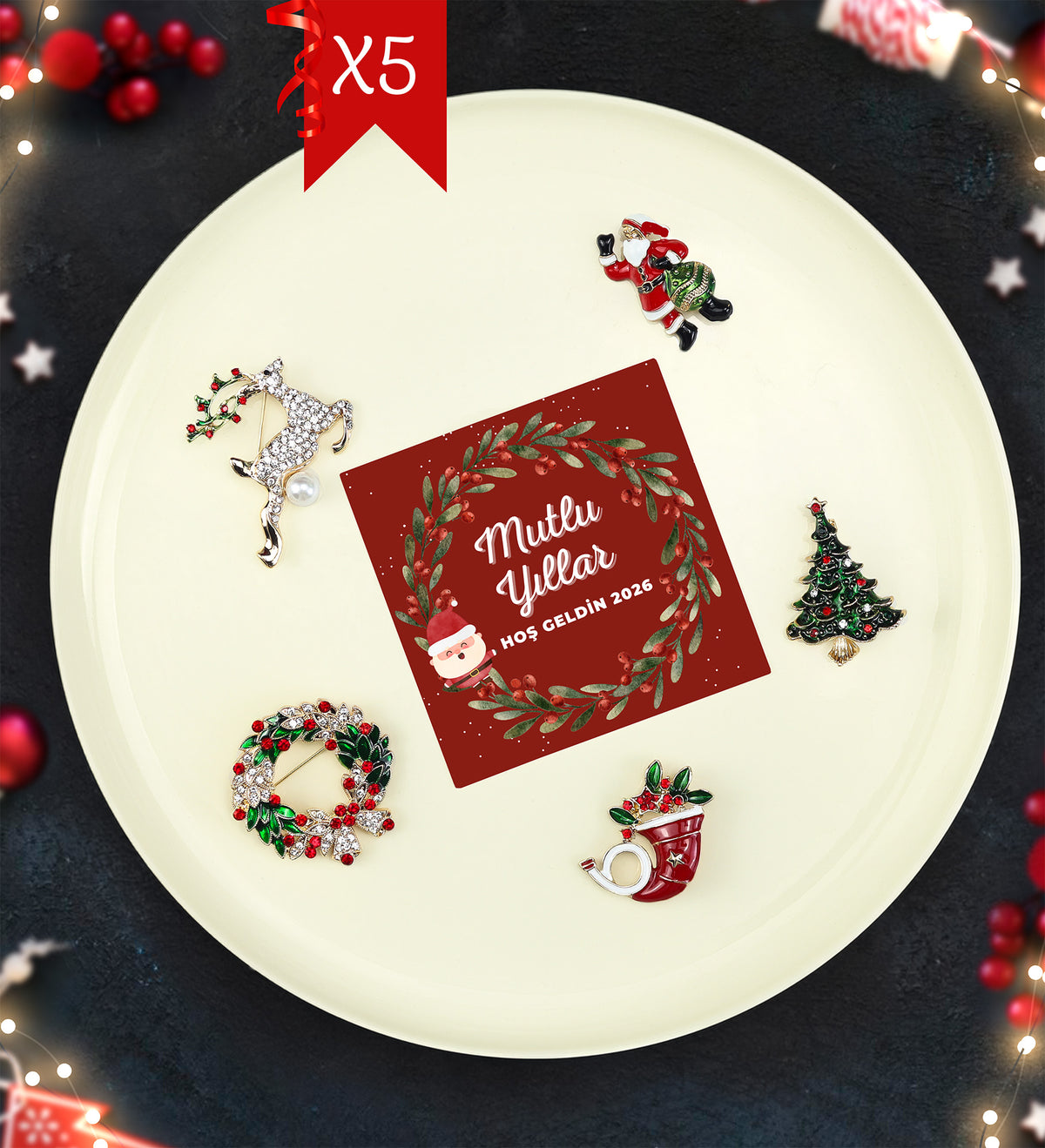 5 Adet Yılbaşı Kartında Broş