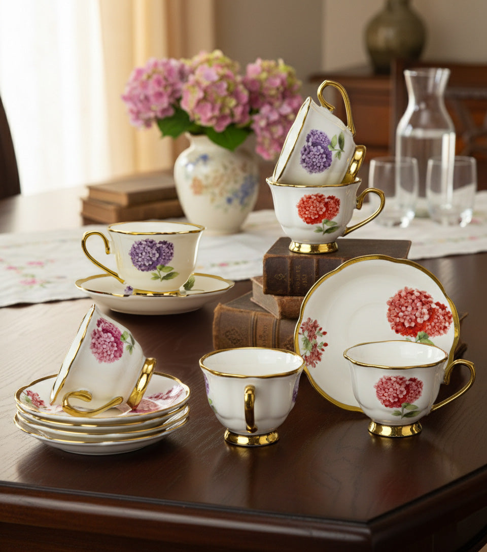 6'lı Kartopu Çiçekli Gold Detaylı Kahve Fincanı