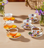 6'lı Turuncu Mor Çiçekli Porselen Kahve Fincanı