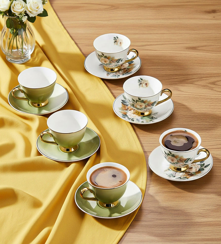 6'lı Yeşil Renk Çiçekli Porselen Kahve Fincanı