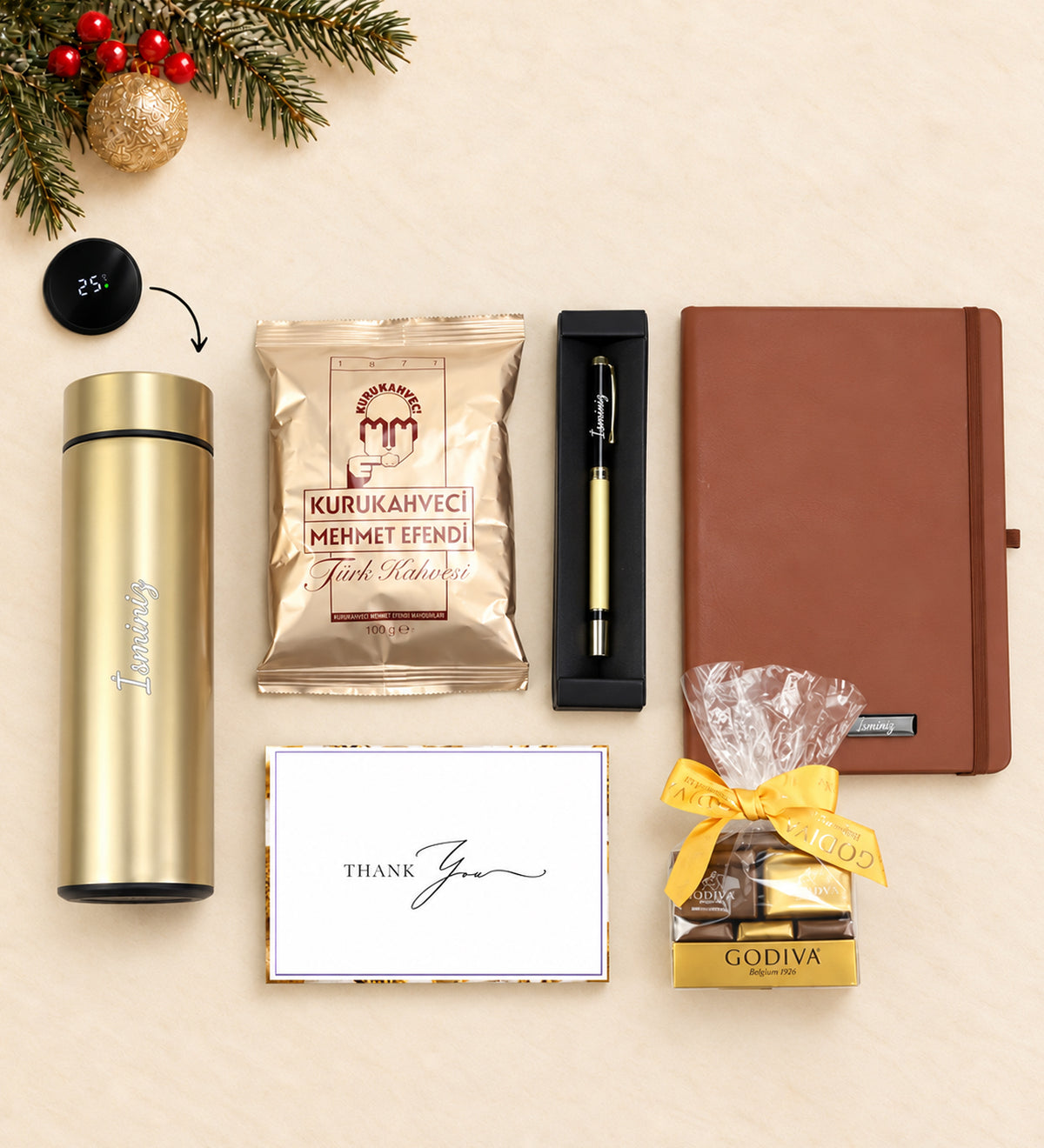 Kişiye Özel Gold Roller Kalem & Kahverengi Defter & 500 ML Gold Renk Dereceli Termos & Mehmet Efendi Türk Kahvesi & Godiva Napoliten Çikolata Hediye Seti