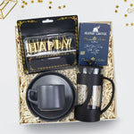 Gold Happy Birthday Harf Mum & Siyah French Press & Gri Fincan & Alerya Premium Filtre Kahve Hediye Seti