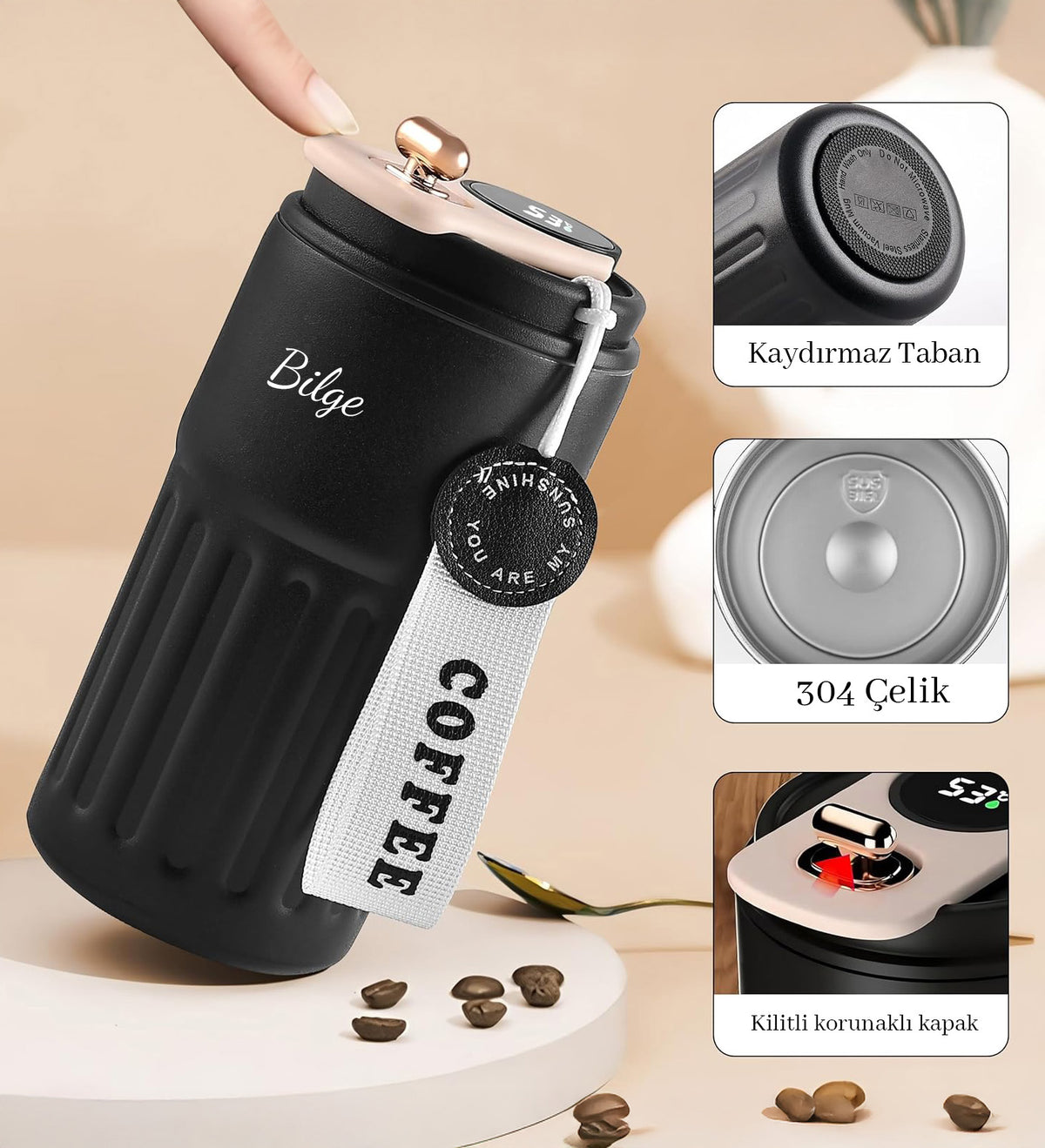 400ml Coffee Dereceli Siyah Termos