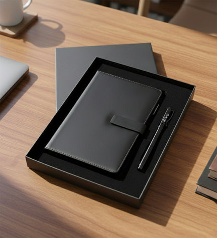 Özel Kutulu Siyah Orta Boy Defter Kalem Seti