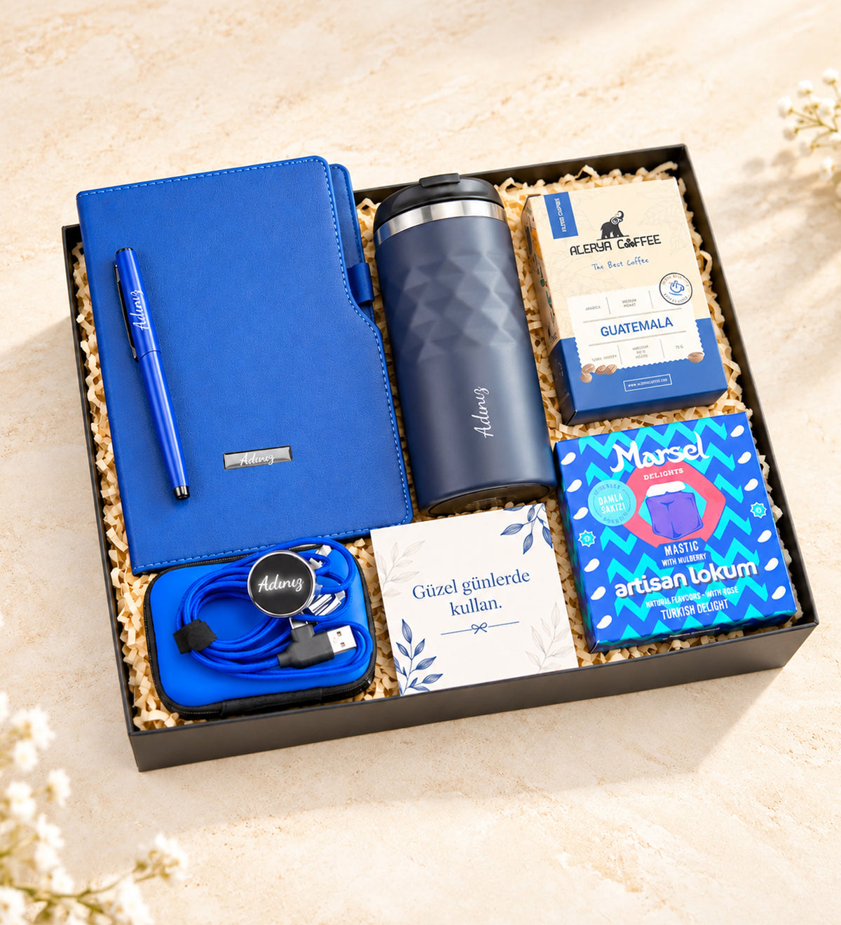 Defter Kalem Termos Filtre Kahve Şarj Kablosu Lokum Hediye Seti