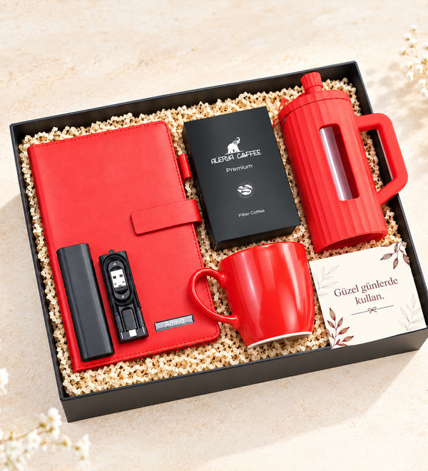 Defter Kutulu Şarj Kablosu French Press Kahve Kupa Hediye Seti
