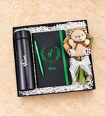 Dereceli Termos & Baskılı Defter & Yeşil Touchpen & Mini Ayıcık Buketi Hediye Seti