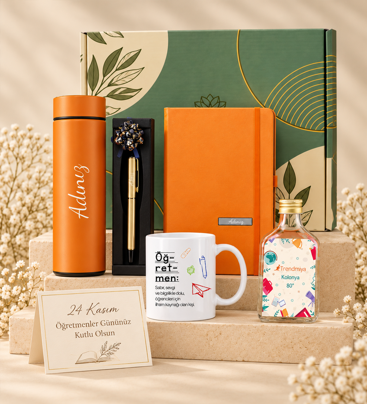 Dereceli Termos & Turuncu Defter & 200ml Kolonya & Gold Roller Kalem & Öğretmen Kupa Hediye Seti