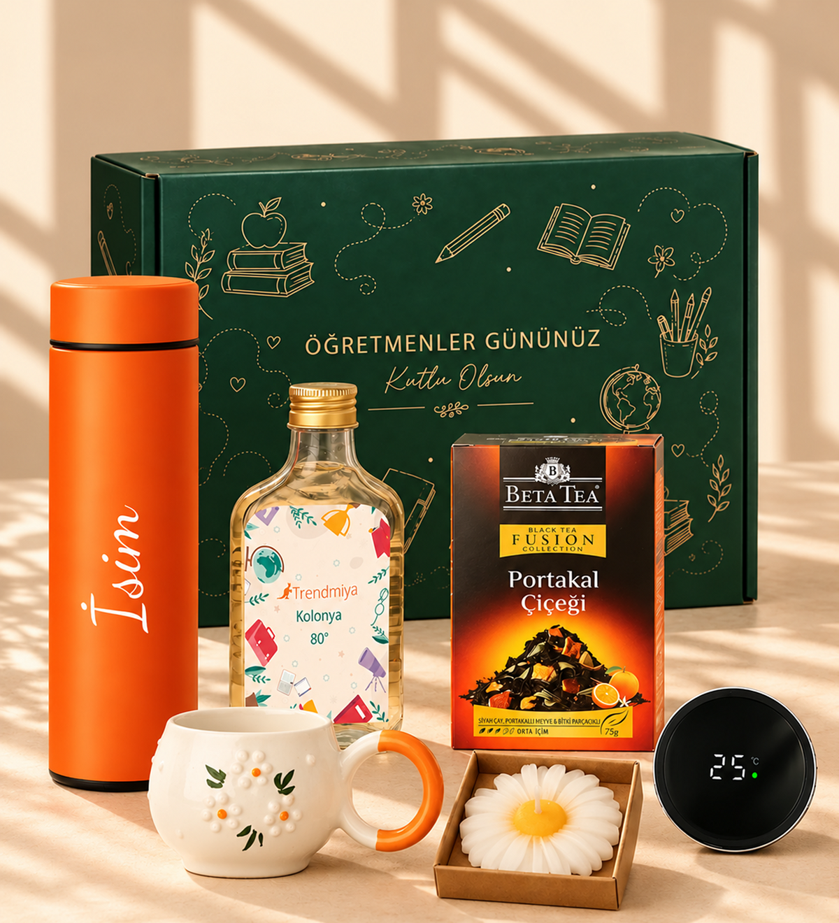 Dereceli Turuncu Termos & Kolonya & Beta Tea & Kupa & Mum Hediye Seti