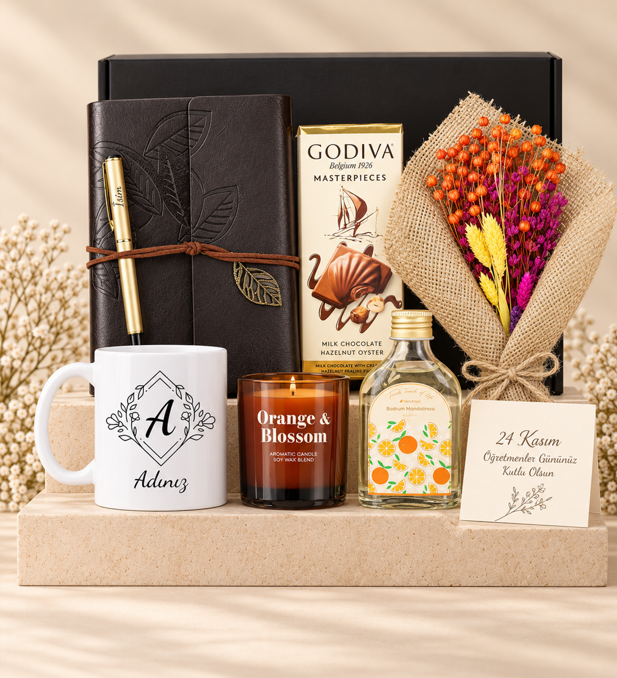 Deri Kapaklı Vintage Anı-Seyahat Defteri & Gold Roller Kalem & Buket Çiçek & Kupa & Rakle Mum & Kolonya & Godiva Çikolata Hediye Seti