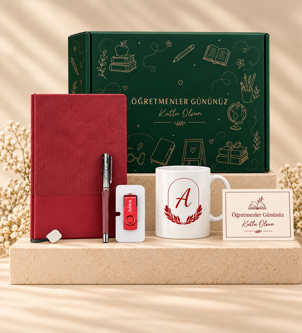 Esnek Kapak Kırmızı Defter & Bordo Metal Roller Kalem & Usb Bellek & Kupa Hediye Seti