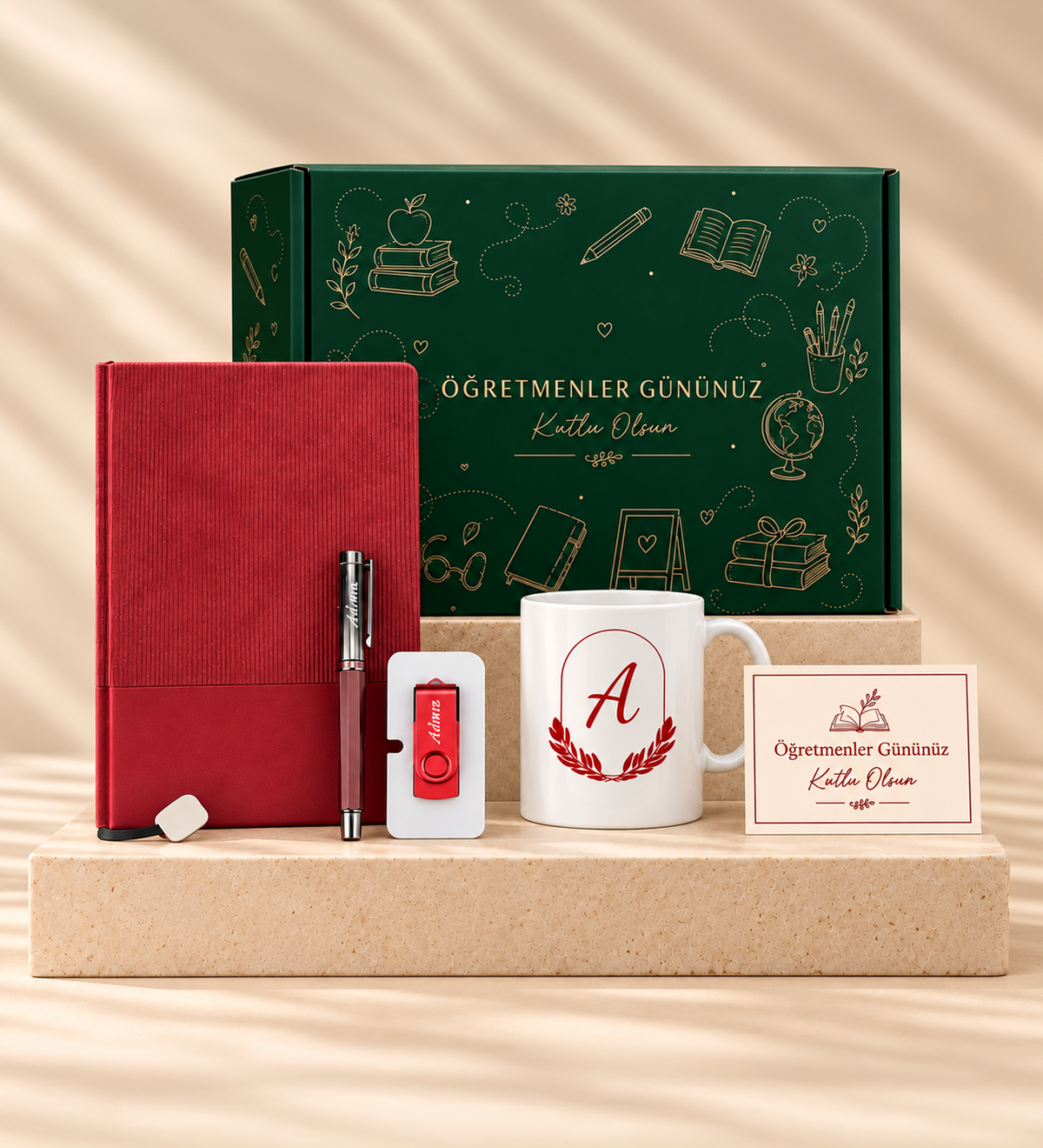 Esnek Kapak Kırmızı Defter & Bordo Metal Roller Kalem & Usb Bellek & Kupa Hediye Seti
