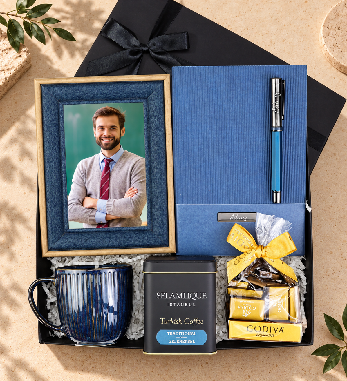 Esnek Kapak Lacivert Defter & Kalem & Dokulu Çerçeve & Lacivert Kupa & Selamlıque & Godiva Hediye Seti