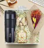 Siyah French Press Termos & Tafe Bademli Kurabiye & Buket Çiçek & 100ml Trendmiya Kolonya Hediye Seti