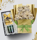 Gold Çiçek Buketi & Godiva Napoliten Çikolata & Bardak Mum Hediye Seti