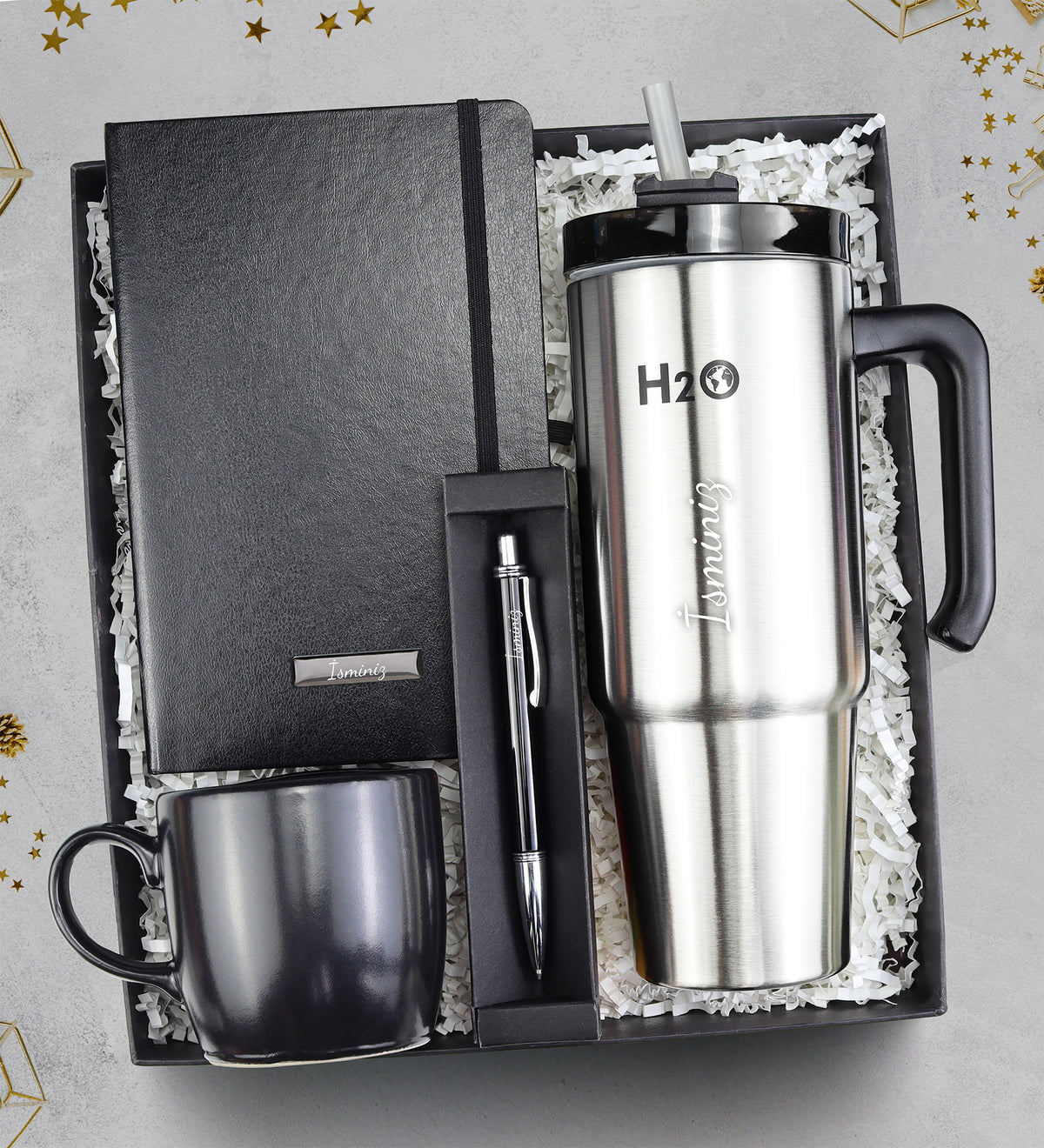 Pipetli 900ml Termos & Siyah Defter & Siyah Tükenmez Kalem & Siyah Kupa Hediye Seti