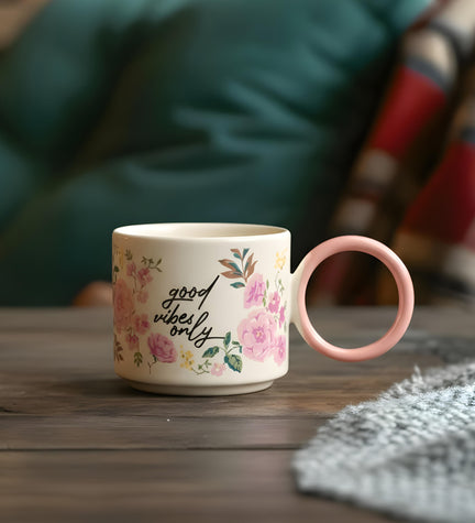 Pembe Halka Kulplu Seramik Kupa