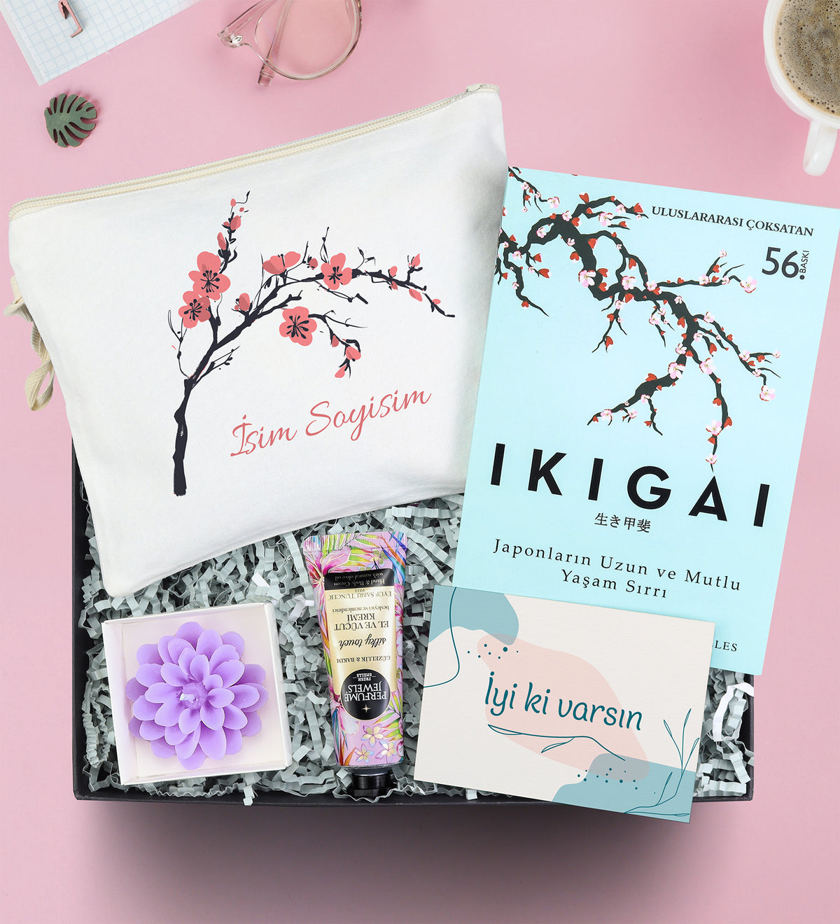 Ikigai & Bez Çanta & Krem & Lotus Mum Hediye Seti