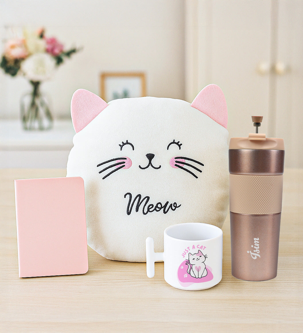Kedi Yastık & Dikişli Mini Not Defteri & French Press Termos & T Kupa Hediye Seti