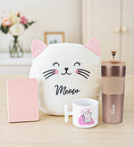 Kedi Yastık & Dikişli Mini Not Defteri & French Press Termos & T Kupa Hediye Seti