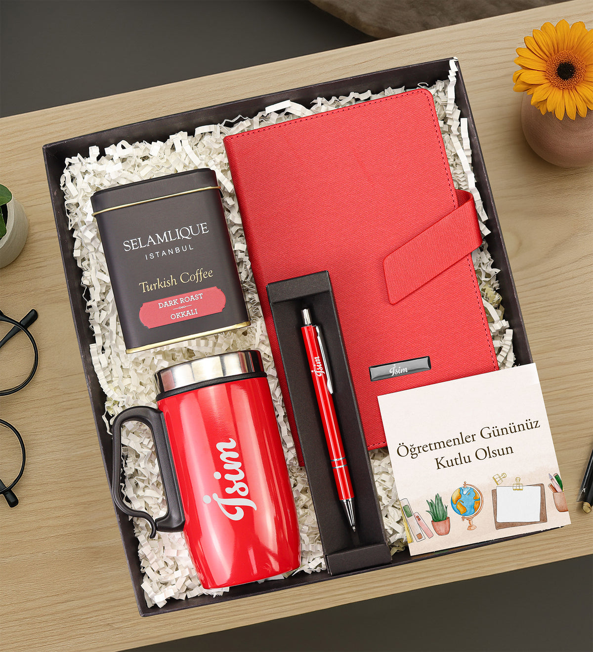 Kırmızı Mıknatıslı Tarihsiz Defter & Kulplu Bardak Termos & Kırmızı Tükenmez Kalem & Selamlıque Hediye Seti