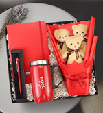 Kırmızı Defter & Kırmızı Touchpen & Kulplu Bardak Termos & 3'lü Ayıcık Buketi Hediye Seti