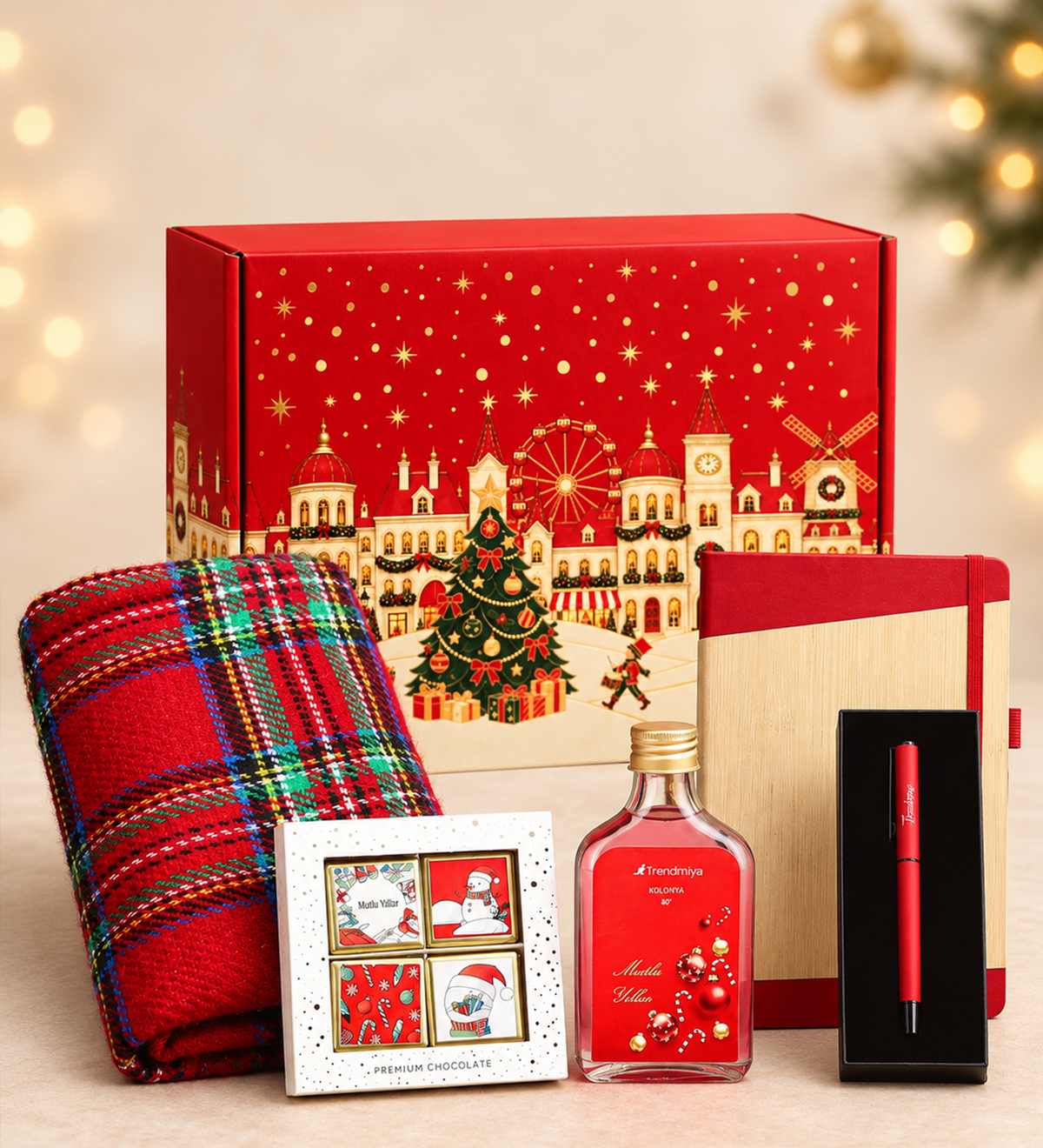 Kırmızı Şal & Bambu Kapak Defter & Roller Kalem & Ahşap Zeminli Mini Çam Ağacı & 200ML Kolonya & Madlen Çikolata Yılbaşı Hediye Seti