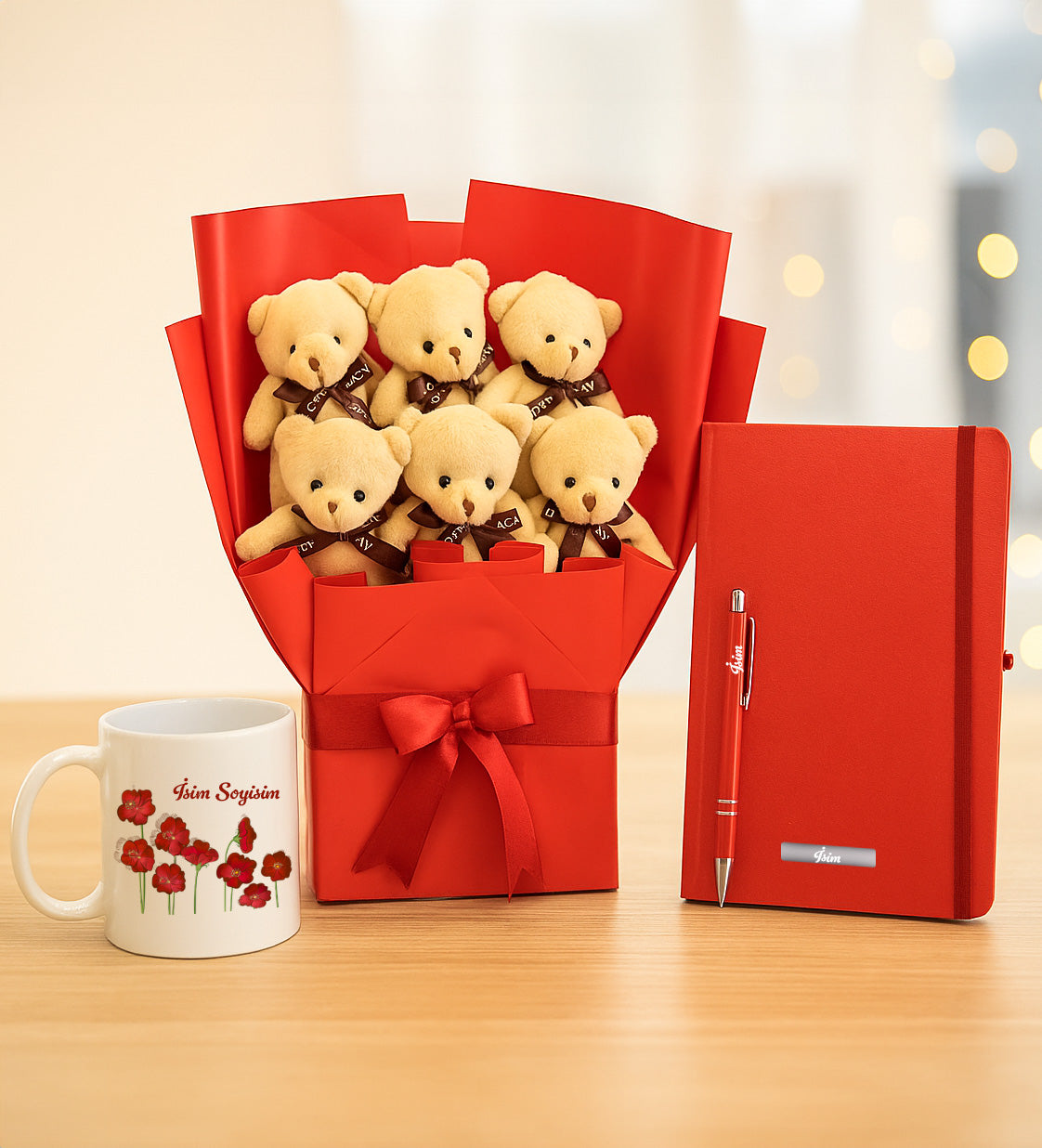 Ayıcık Buketi & Defter & Kalem & Kupa Hediye Seti