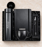 Kişiye Özel 500 ML Dereceli Siyah Çelik Termos & Siyah Touch Pen & Siyah Defter & Siyah Kupa Hediye Seti