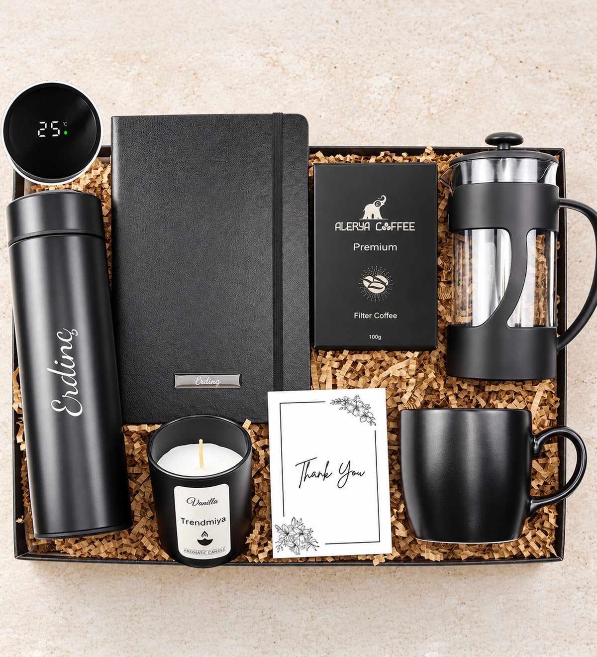 Kişiye Özel 500 ML Siyah Renk Dereceli Termos & Siyah Defter & Siyah French Press & Siyah Mat Kupa & Alerya Premium Filtre Kahve & Vanilya Kokulu Trendmiya Bardak Mum Hediye Seti